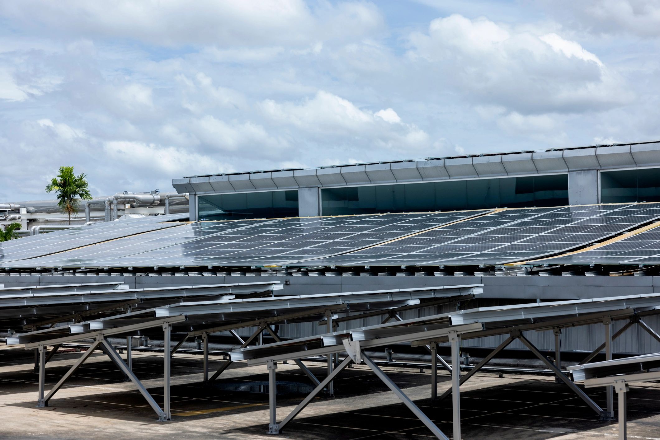 Commercial building with mounted solar panels